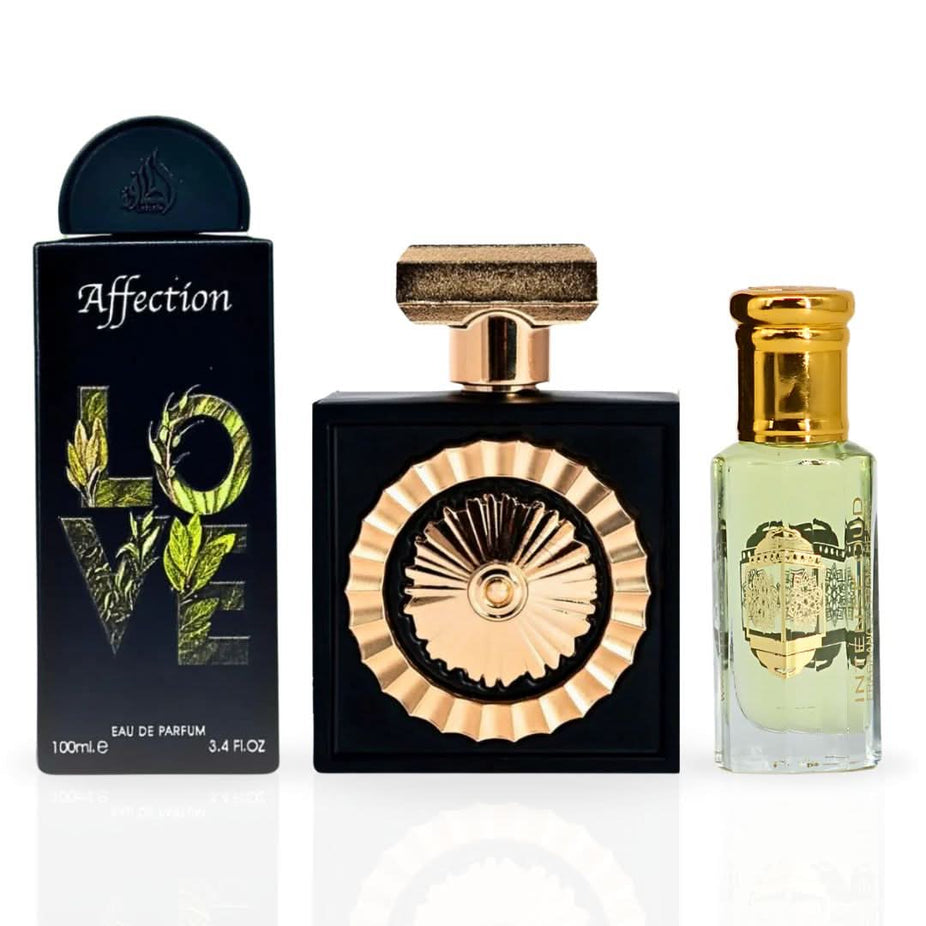 Intense Oud gift set with Nebras Affection Eau de Parfum 100ml, Lady Mile perfume oil 12ml, and magnetic gift box.