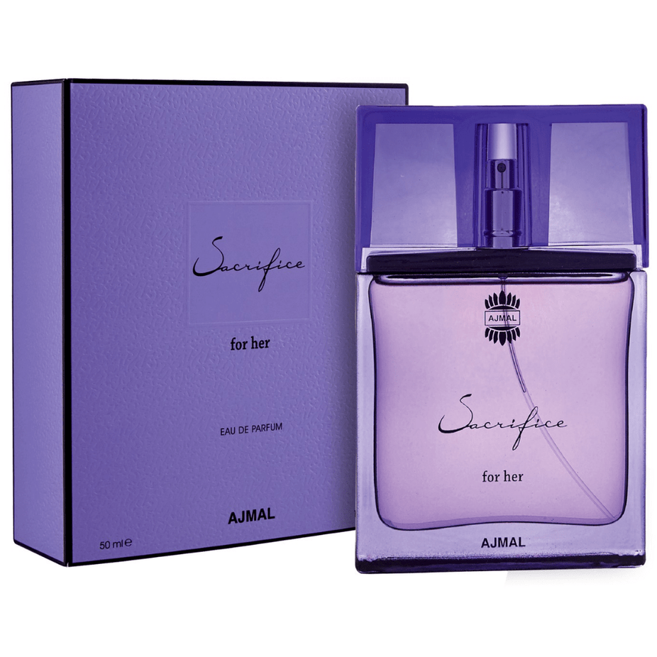 Ajmal Sacrifice for Women EDP 50ml bottle with elegant packaging, showcasing the floral and fruity scent profile.