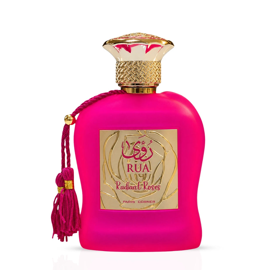 Paris Corner Rua Radiant Roses Eau de Parfum spray bottle and packaging in a stylish design.