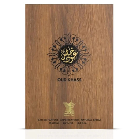 Arabian Oud Oud Khass Eau de Parfum spray bottle, 100ml, showcasing elegant packaging and luxurious perfume design.