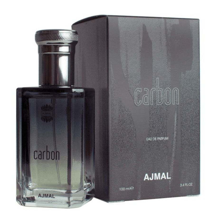 Ajmal Carbon for Men Eau De Parfum 100 ML bottle, sleek design, showcasing the fragrance packaging and branding.