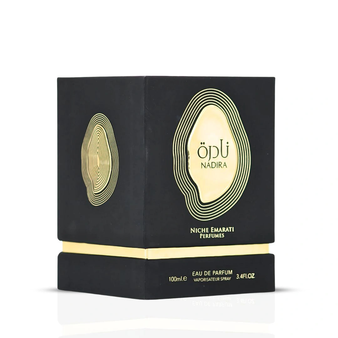 Niche Emarati Nadira Eau De Parfum Spray 100ml (3.4 oz) by Lattafa | Tropical Fruit. Caramel Kisses. Milk-Soaked. Heaven-Scented. - Intense Oud