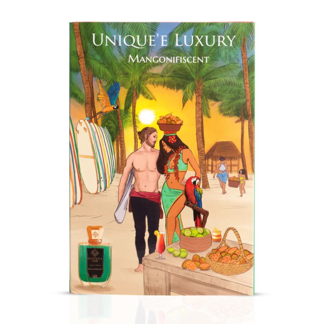 Unique'e Luxury Mangonifiscent Extrait de Parfum 100ml EDP bottle with elegant packaging and gold accents.