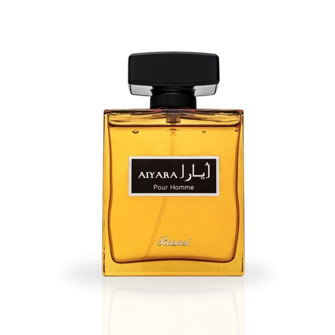 Aiyara Pour Homme Rasasi Eau de Parfum spray bottle, 100ML, featuring a sleek design and luxurious masculine scent.