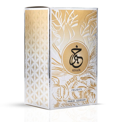 Khair Felicity Eau de Parfum spray by Paris Corner, 100ml bottle, elegant perfume bottle with floral design and branding.