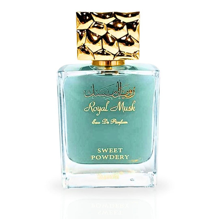 Surrati Royal Musk Sweet Powdery Eau de Parfum spray 100ml in a velvet pouch, featuring elegant packaging and a floral fragrance.