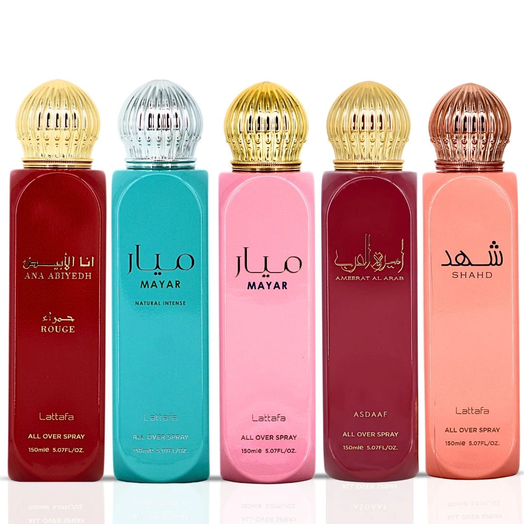 Mayar, Ameerat Al Arab, Mayar Natural Intense, Ana Abiyedh Rouge & Shahd All-Over Sprays 150ml  (5.07 oz) by Lattafa | Five Iconic Scents, Endless Refresh (Bundle) - Intense Oud