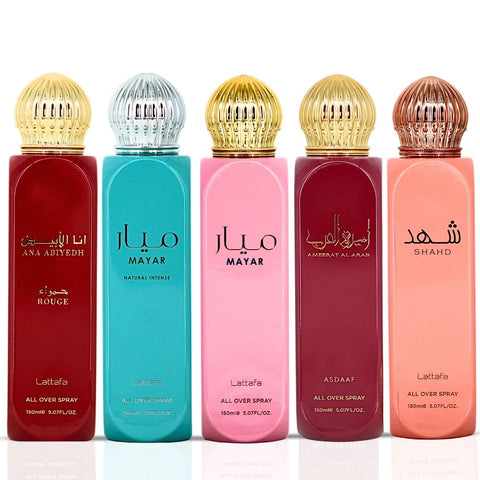 Mayar, Ameerat Al Arab, Mayar Natural Intense, Ana Abiyedh Rouge & Shahd All-Over Sprays 150ml  (5.07 oz) by Lattafa | Five Iconic Scents, Endless Refresh (Bundle) - Intense Oud