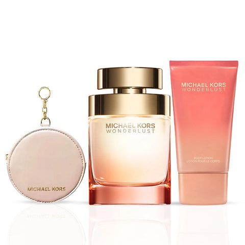 Michael Kors Wonderlust 3Pc Gift Set (3.4oz EDP Spray, 3.4oz Body Lotion, Round Purse) | Every Spritz, A First-Class Escape - Intense Oud