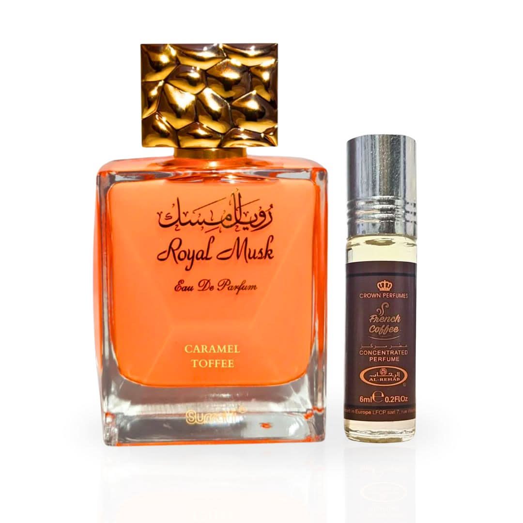 Bundle of Royal Musk Caramel Toffee Eau de Parfum spray by Surrati and French Coffee Perfume Oil by Al Rehab, featuring two luxury fragrances.