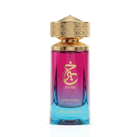 Paris Corner Khair Confection Eau de Parfum spray 100ml bottle, elegant glass design with floral and fruity notes visible.
