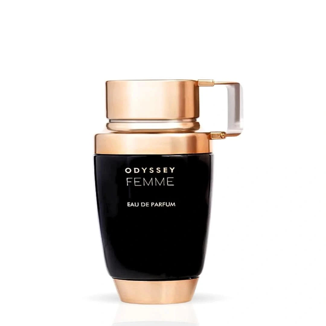 Odyssey Femme Eau de Parfum spray by Armaf, 100ml bottle with elegant packaging, showcasing the fragrance design.