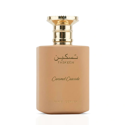 Paris Corner Taskeen Caramel Cascade Eau de Parfum spray, 100ml, with a sleek bottle and caramel-toned fragrance design.
