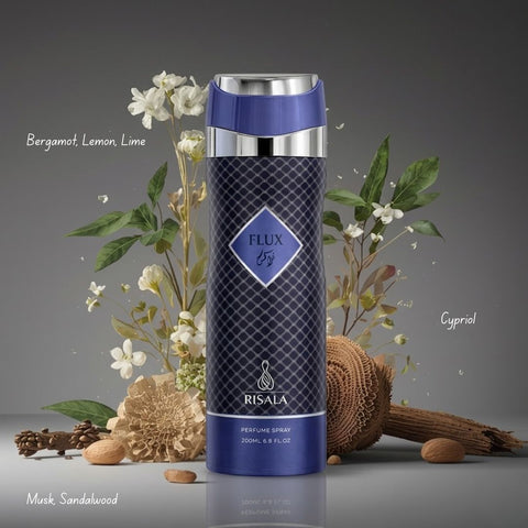 Elite Risala Flux Body Spray 200ml deodorant bottle with a sleek design and spray nozzle, shown on a plain background.