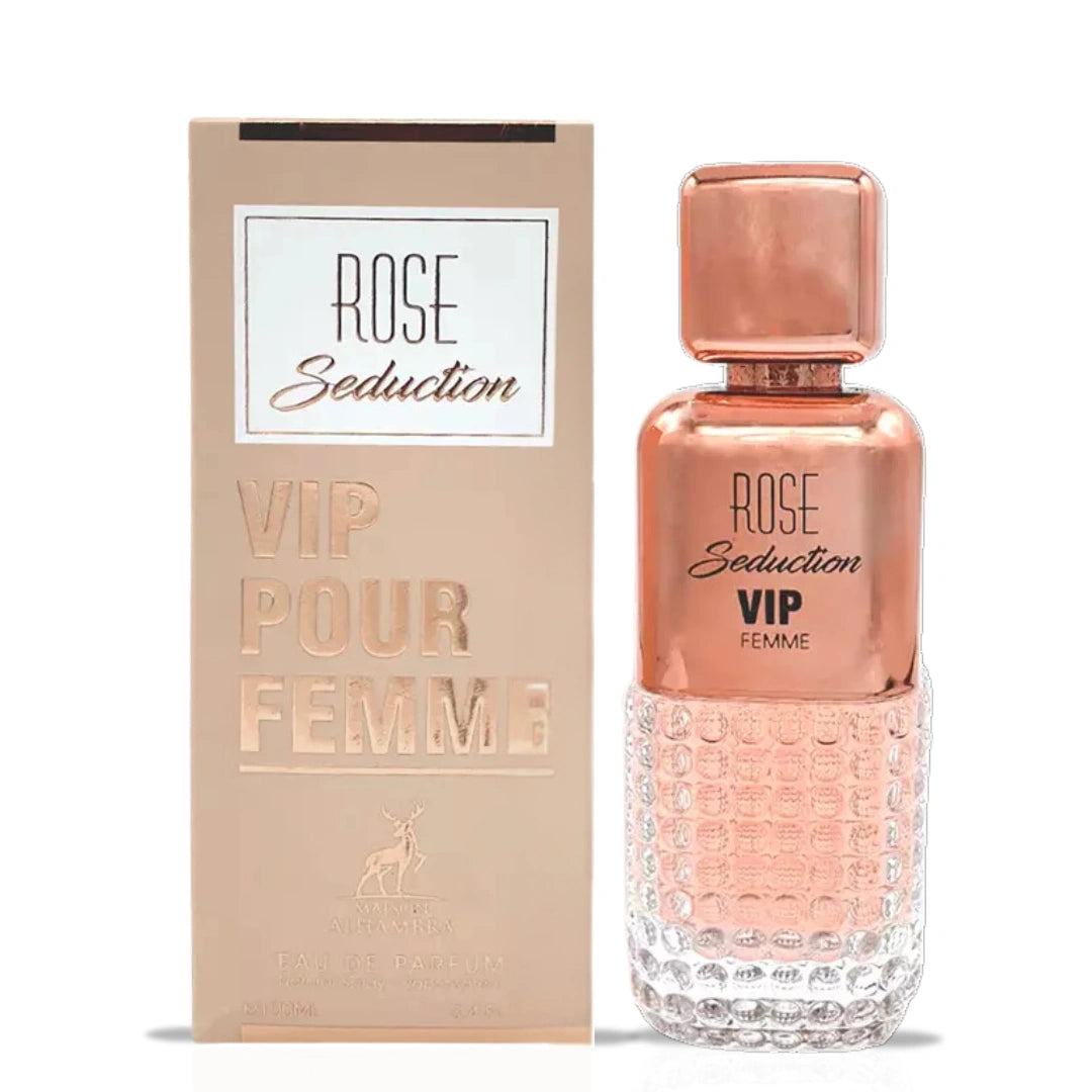 Bundle of Rose Seduction VIP Pour Femme and Rua Radiant Roses Eau de Parfum sprays by Intense Oud, featuring floral fragrance bottles.