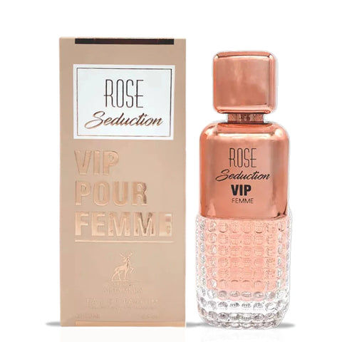 Bundle of Rose Seduction VIP Pour Femme and Rua Radiant Roses Eau de Parfum sprays by Intense Oud, featuring floral fragrance bottles.
