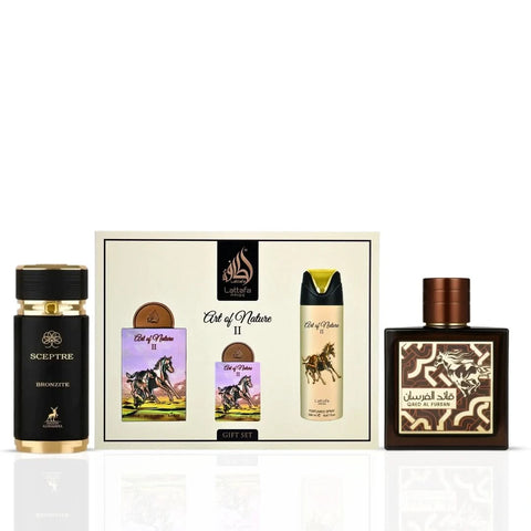 Lattafa men's perfume bundle featuring Sceptre Bronzite and Qaed Al Fursan Eau de Parfum sprays with Art of Nature II gift set.
