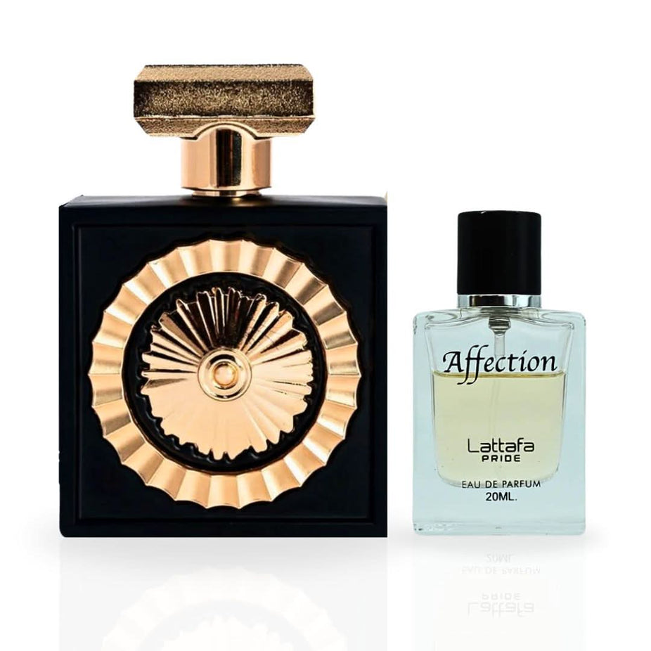 Lattafa Pride Nebras 100ml and Affection 20ml Eau de Parfum spray bundle, showing the two perfume bottles side by side.
