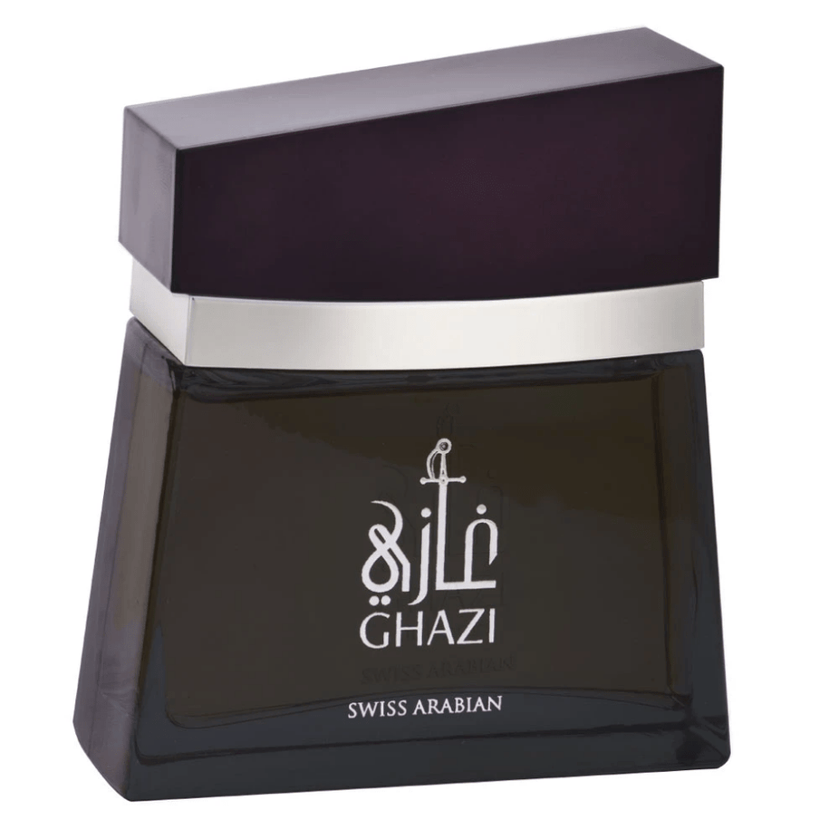 Swiss Arabian Ghazi for Men Eau de Parfum 100ml bottle with sleek black cap and modern fragrance bottle design.