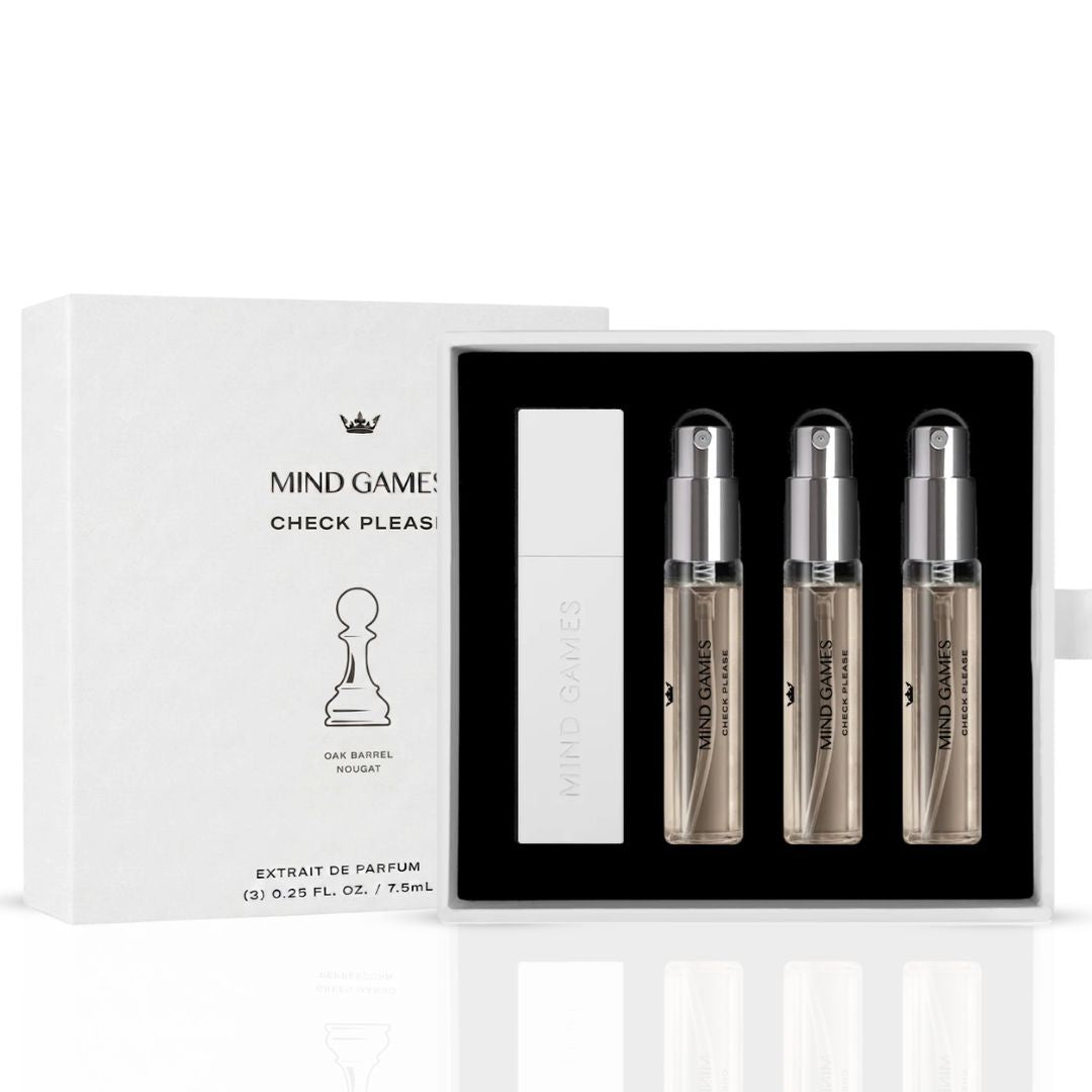 Check Please Travel Trio by Mind Games, set of three 7.5ml scent collection bottles in clear packaging.