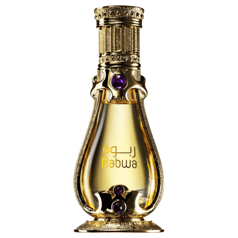 Rabwa Perfume Oil by Rasasi, 19 ML concentrated perfume oil bottle with elegant packaging, showcasing the luxurious fragrance.