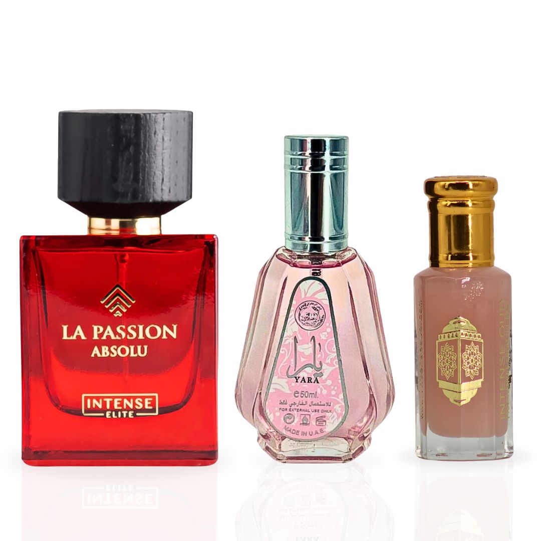 Yara EDP Spray 50ML (1.7 OZ), Pink Musk Perfume Oil 12ML (0.4 OZ), La Passion Absolu For Women EDP Spray 100 ML (3.4 OZ) With Magnetic Gift Box | Feel Irresistible With These Captivating Scents. - Intense Oud