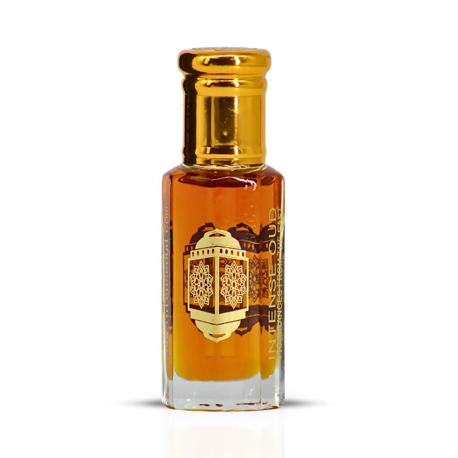 Intense Oud Nouf Perfume Oil 12ml in a black gift box, featuring a clear glass bottle with a sleek design and elegant packaging.
