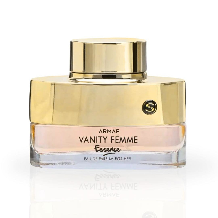 Armaf Vanity Femme Essence EDP spray bottle, 100ML, featuring elegant packaging for a luxurious floral fragrance.