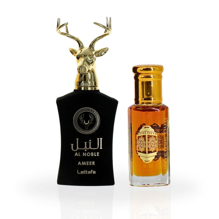 Intense Oud gift set featuring Al Noble Ameer Eau de Parfum 100ml and Nouf Perfume Oil 12ml in a magnetic gift box.