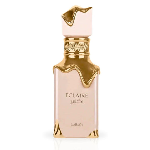 Lattafa Eclaire Eau de Parfum spray in a 100ml bottle with a velvet pouch, showcasing elegant packaging and design.
