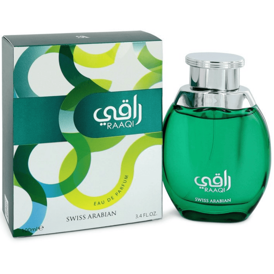 Swiss Arabian Raaqi EDP Eau De Parfum 100ml bottle with elegant packaging and fragrance details.