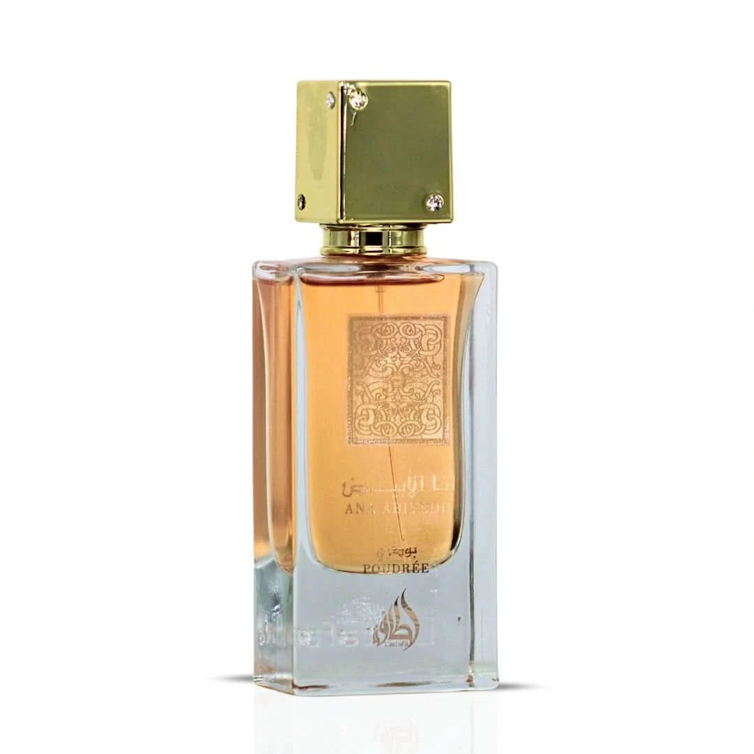 Lattafa Ana Abiyedh Poudree Eau de Parfum spray bottle, 60ml (2 oz), elegant fragrance packaging with a sleek design.