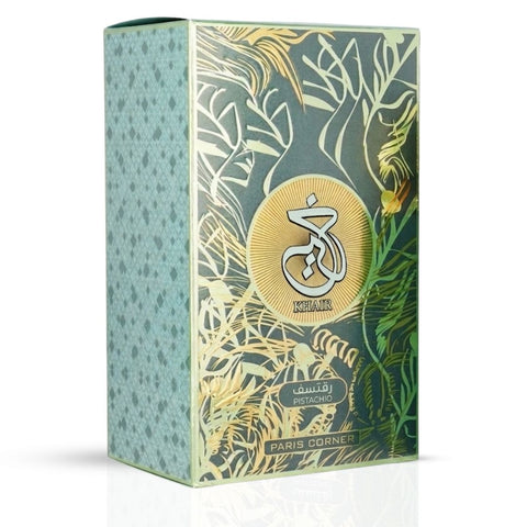 Paris Corner Khair Pistachio Eau de Parfum spray 100ml bottle with elegant packaging, showcasing the fragrance design.