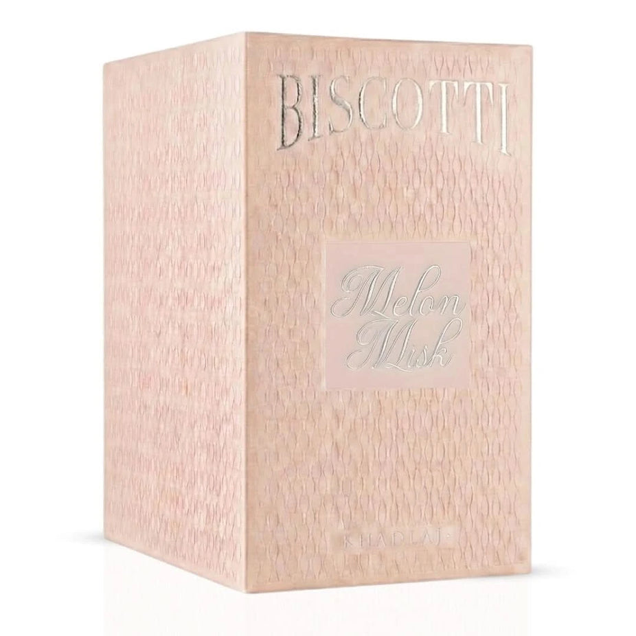 Khadlaj Biscotti Melon Misk Eau de Parfum spray bottle, 100ml, featuring elegant packaging and a luxurious fragrance design.
