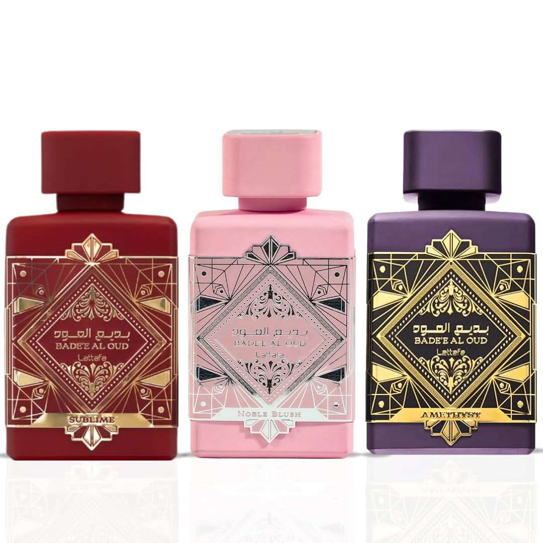 Lattafa Bade'e Al Oud Noble Blush, Amethyst & Sublime Eau de Parfum bundle, 100ml bottles with elegant packaging.