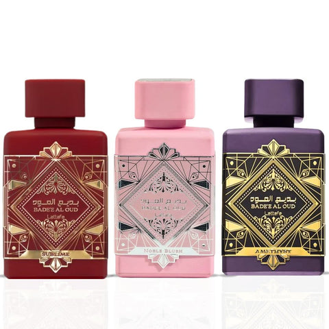 Lattafa Bade'e Al Oud Noble Blush, Amethyst & Sublime Eau de Parfum bundle, 100ml bottles with elegant packaging.