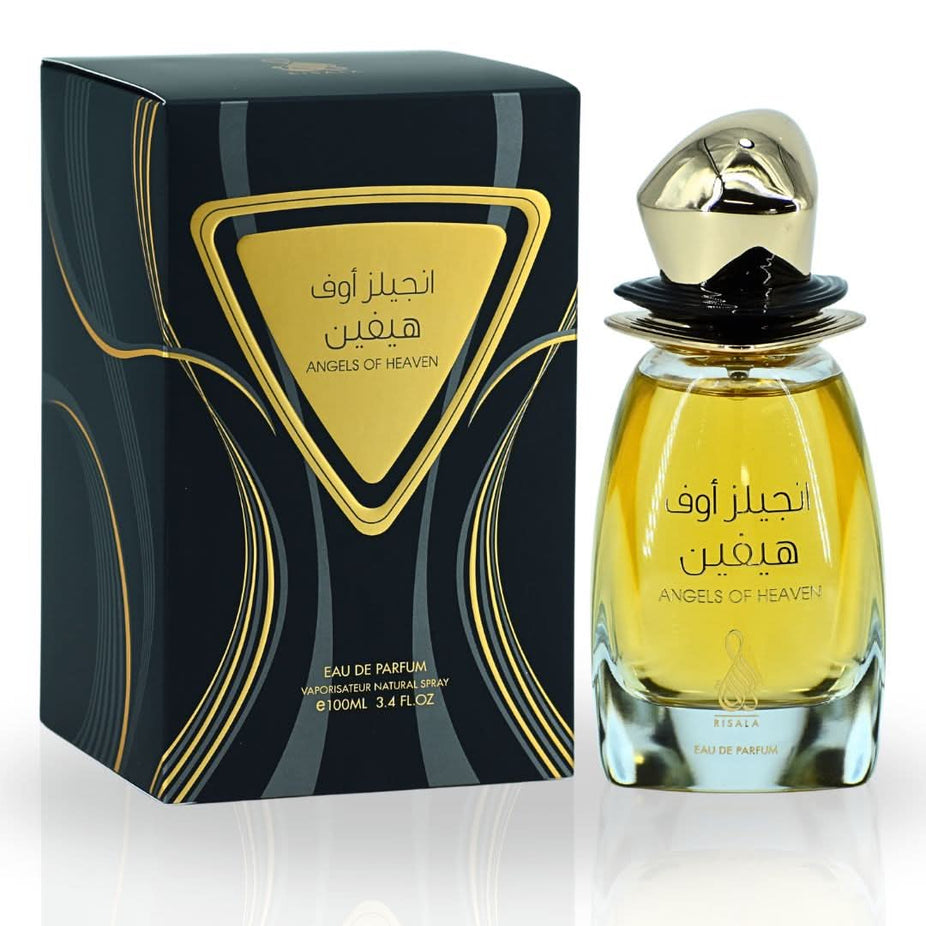 RISALA Angels Of Heaven EDP spray bottle, 100ML, featuring a luxurious sweet and spicy scent in elegant packaging.