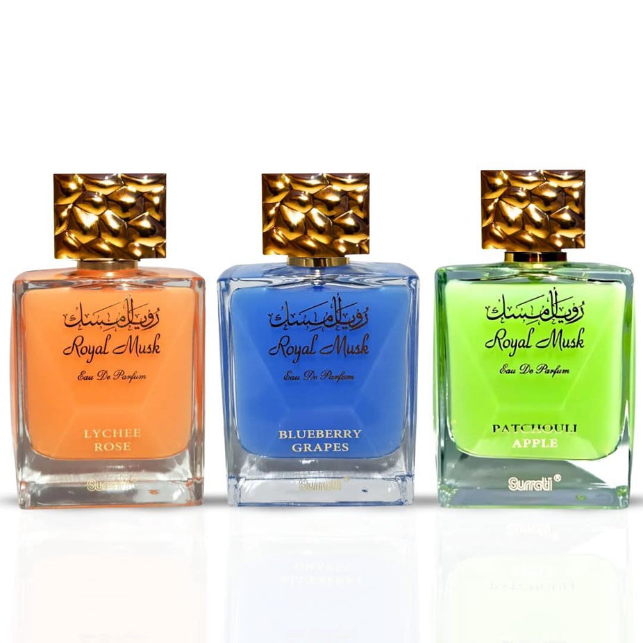 Surrati Royal Musk Blueberry Grapes, Patchouli Apple & Lychee Rose Eau de Parfum Spray bundle, featuring two 100ml bottles.