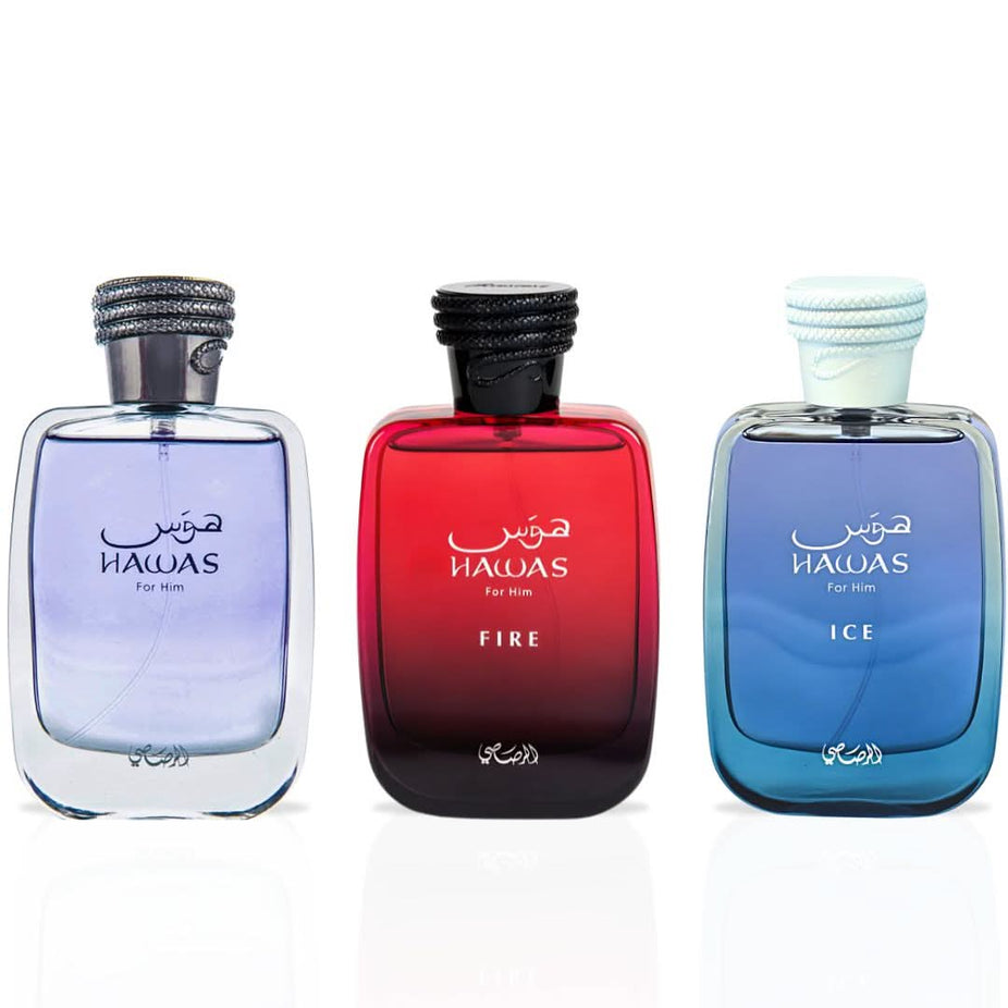 Rasasii Hawas Ice and Hawas Fire Eau de Parfum sprays in 100ml value pack, featuring sleek bottles with distinct designs.
