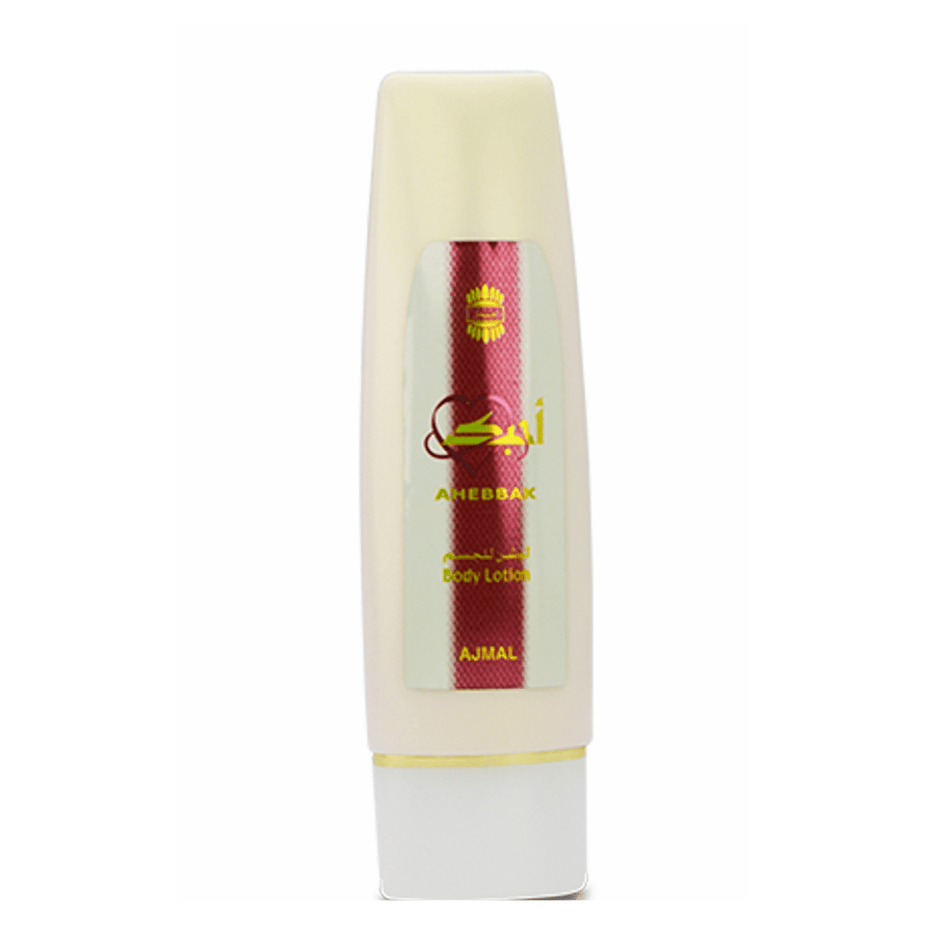 Ajmal Ahebbak Lotion for Women, 100 ML bottle with a sleek design, showcasing the lotion container and branding.