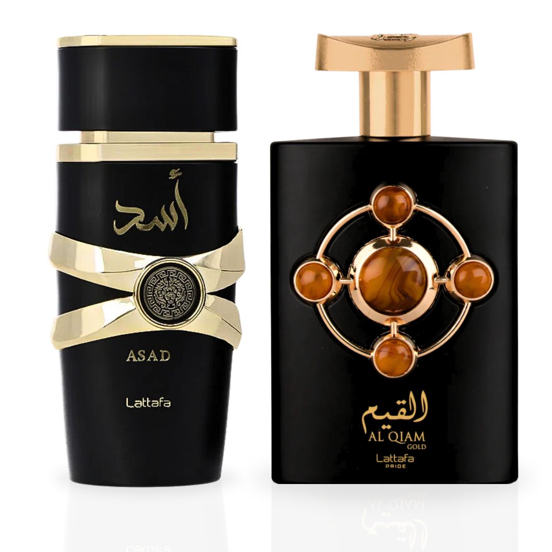 Asad & Al Qiam Gold EDP Sprays 100ML (3.4 OZ) By Lattafa | Two Distinct Scents, One Irresistible Appeal. (PIONEER BUNDLE) - Intense Oud