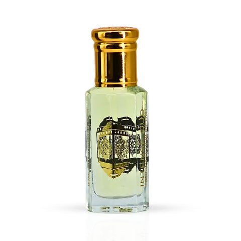 Intense Oud Majnoon Perfume Oil 12ml in a black gift box, featuring a sleek glass bottle with a silver cap and elegant design.