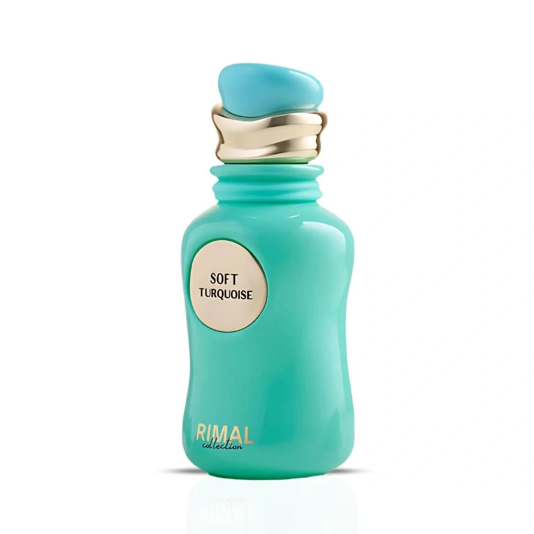Soft turquoise Rimal Collection Eau de Parfum spray in a 100ml bottle with velvet pouch, showcasing elegant floral fragrance.