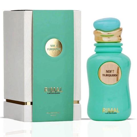 Bundle of two Rimal Collection Eau de Parfum sprays in soft turquoise and light jade bottles, 100ml each.