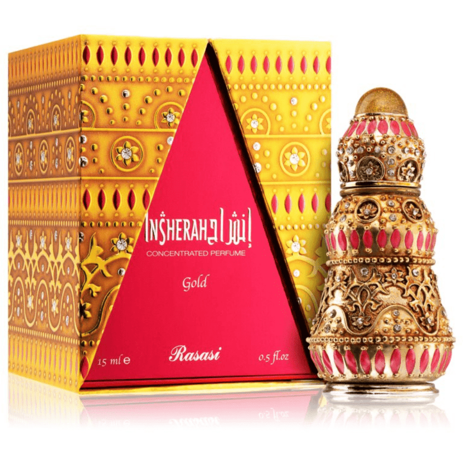 Rasasi Insherah Gold Perfume Oil 15ml, concentrated perfume oil in a clear glass bottle with gold accents.