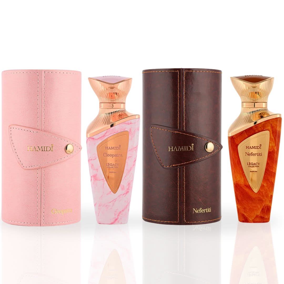 Hamidi Legacy Nefertiti and Cleopatra Eau de Parfum sprays in a 100ml bundle, featuring elegant bottles with decorative floral designs.