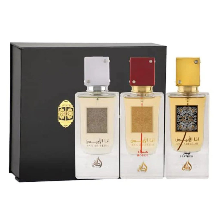 Lattafa Ana Abiyedh perfume gift set with 60ml EDP, leather box, featuring Ana Abiyedh Rouge fragrance and elegant packaging.