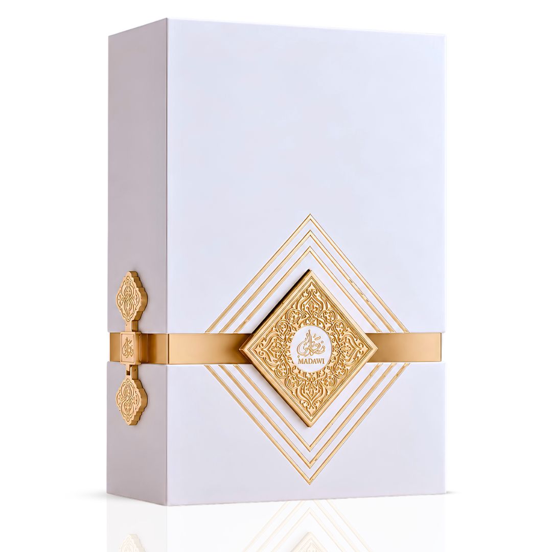 Madawi White Eau de Parfum spray by Arabian Oud, 100ml bottle, elegant white packaging with floral accents.