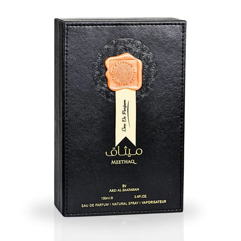 Meethaq Eau De Parfum spray by Ard Al Zaafaran, 100ml bottle, showcasing the elegant perfume bottle with a luxurious design.