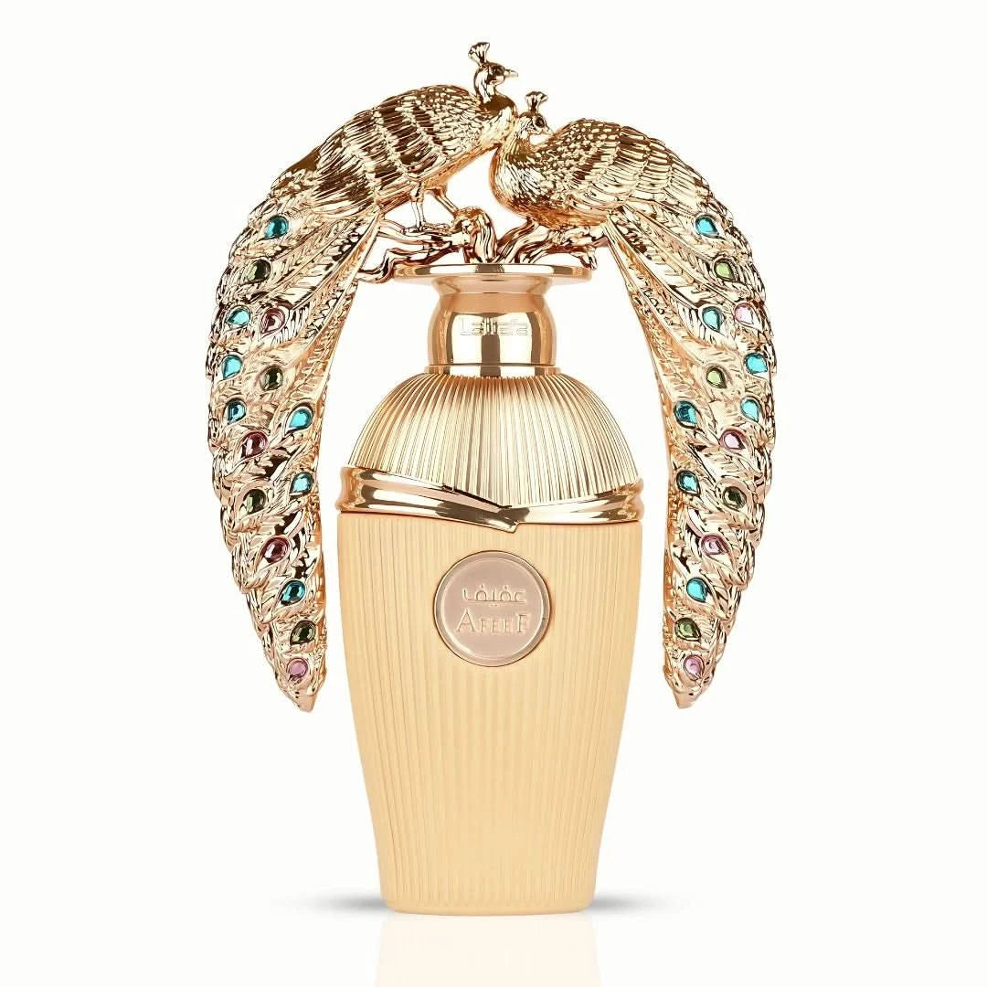 Lattafa Afeef Eau De Parfum spray 100ml in a velvet pouch, showcasing a luxurious perfume bottle with elegant design.